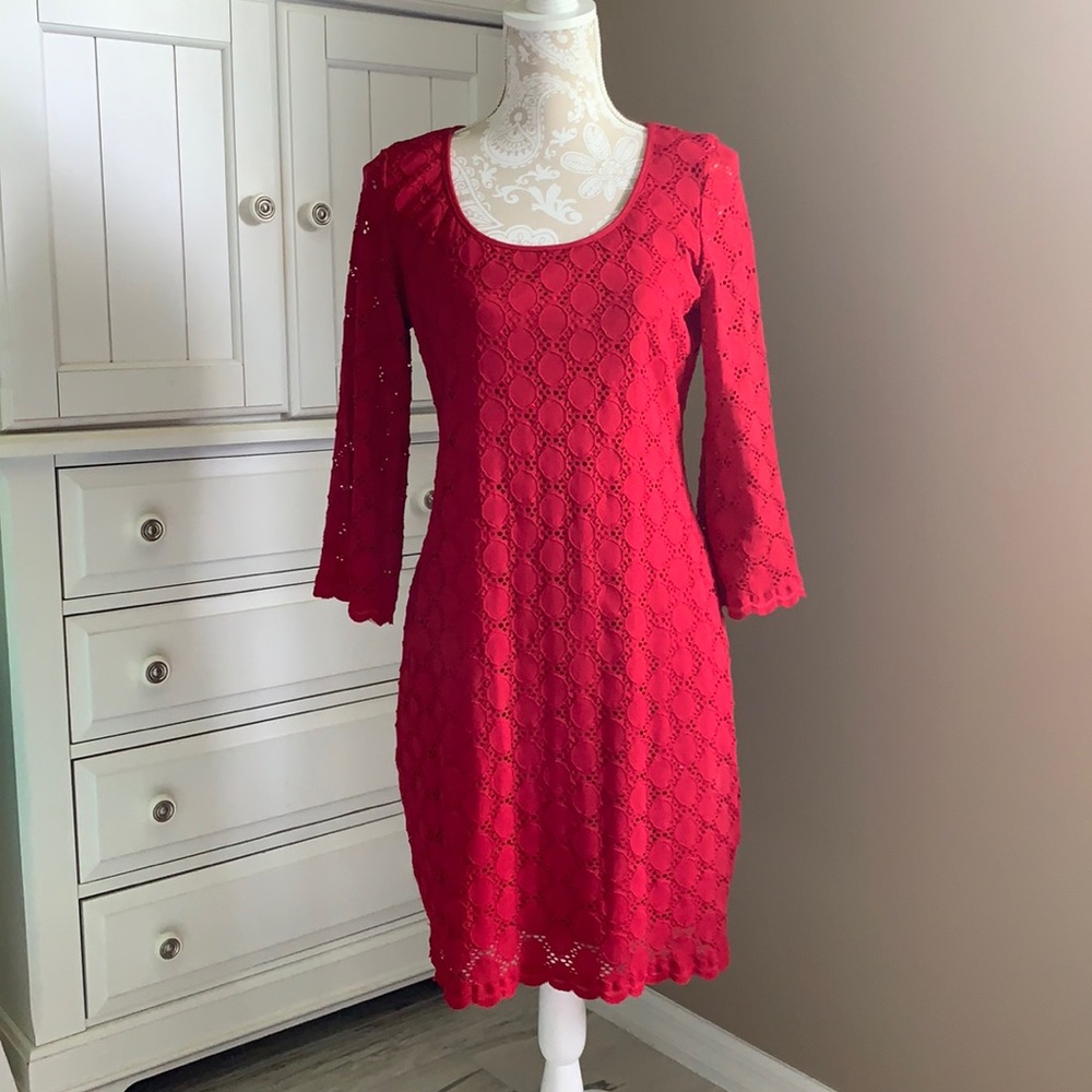 • Ronni Nicole red patterned bell sleeve dress,M •